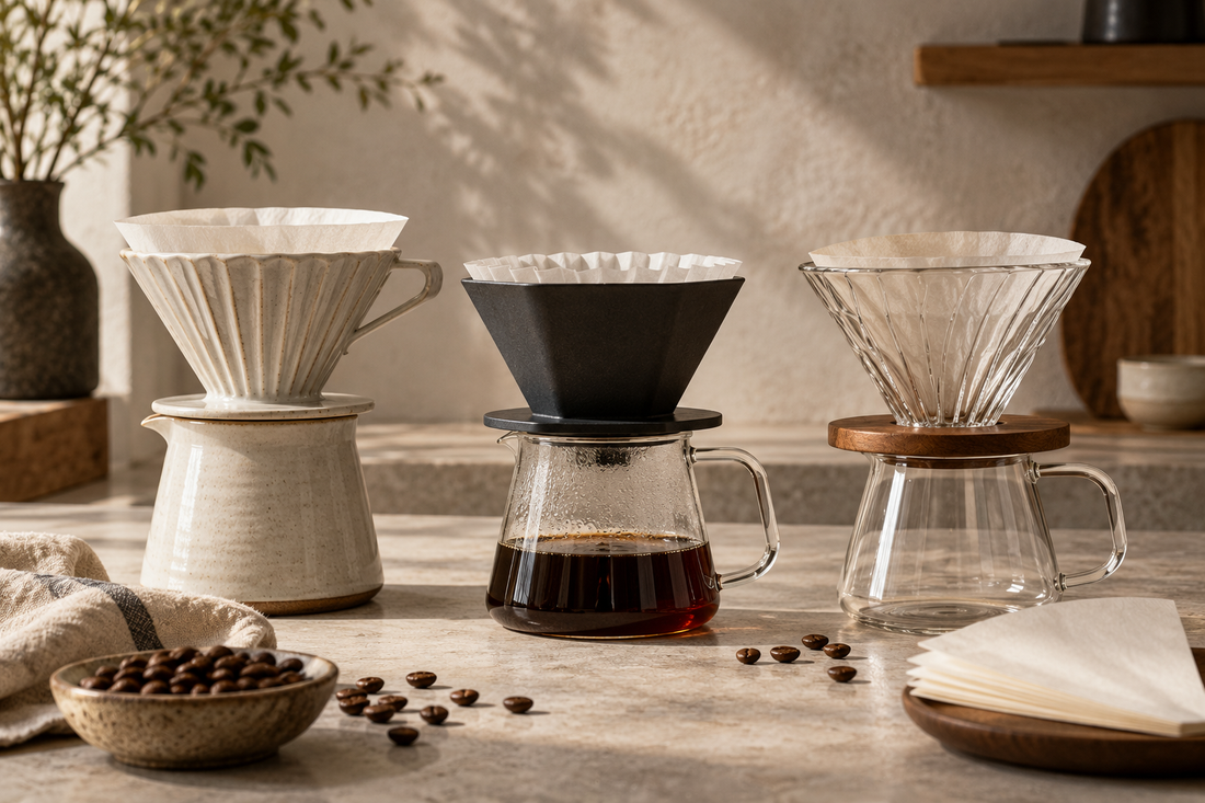 Three pour-over drippers arranged for comparison