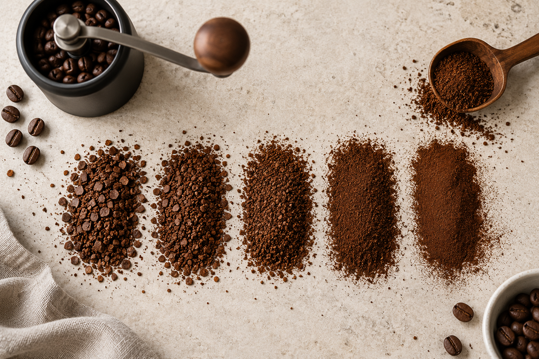 Coffee grounds from coarse to fine beside a hand grinder