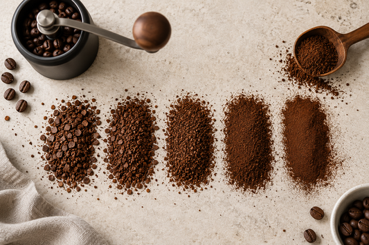 Coffee grounds from coarse to fine beside a hand grinder